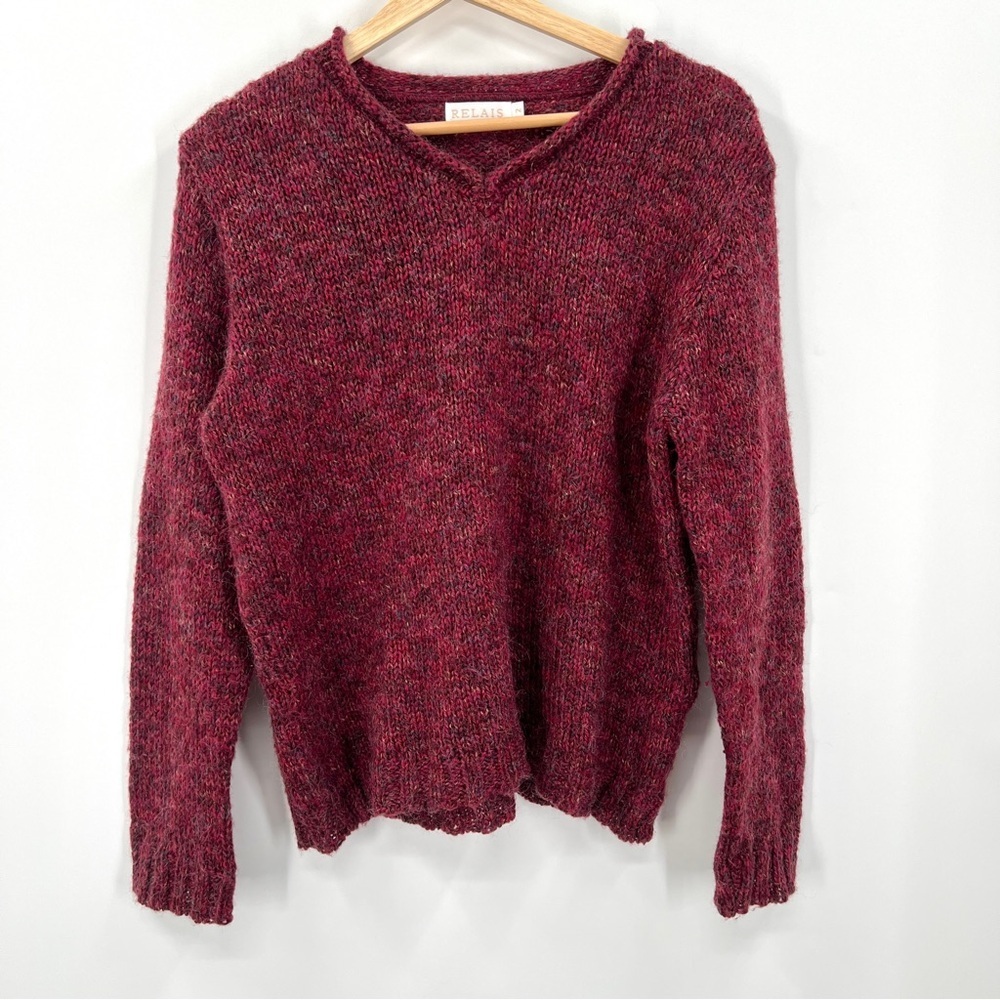 RELAIS Woman's Plum Red V-Neck Wool Mohair Blend Pullover Sweater Size 2